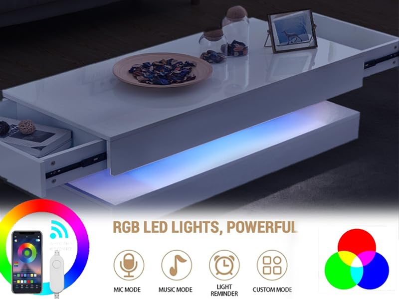 AINPECCA LED Coffee Table with Storage 2 Drawer White High Gloss Coffee