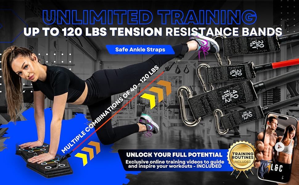 L&C Exercise Essentials Push Up Board Ho... 10 Push up board with resistance bands multiple combination 40 to 120 tension with training routine