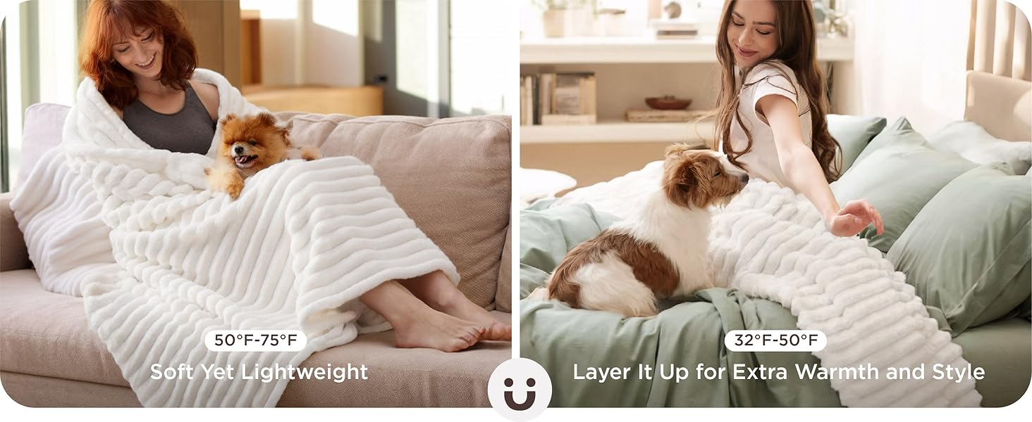 Soft, lightweight blanket showcased in two panels: used solo and layered. Text indicates it's soft, lightweight, and can be layered for extra warmth and style.