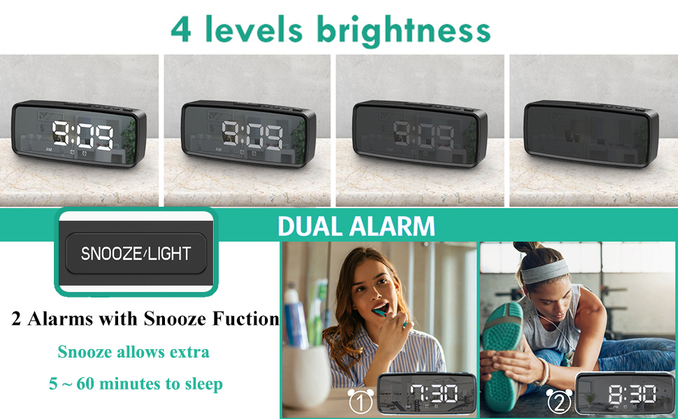 ORIA Digital Alarm Clock, Mirror LED Clock, Small Desk Clock with Dual