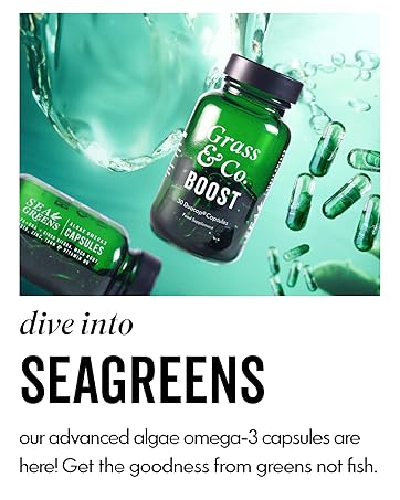 Green glass bottle of Grass & Co. BOOST omega-3 capsules floating in water. Product showcases algae-based supplements as an alternative to fish-derived omega-3s.