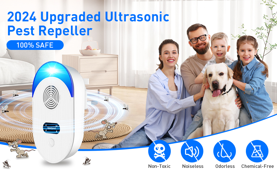 2024 Upgraded Ultrasonic Pest Repeller device shown in white with blue light, featuring non-toxic, noiseless, odorless, and chemical-free icons. Device has circular pattern design.