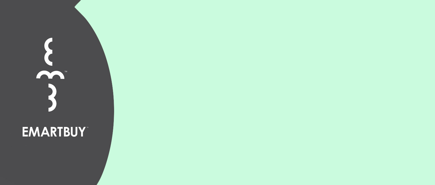 A partial view of a gray rounded shape on the left side of a mint green background. White text 'EMARTBUY' is visible on the gray section.