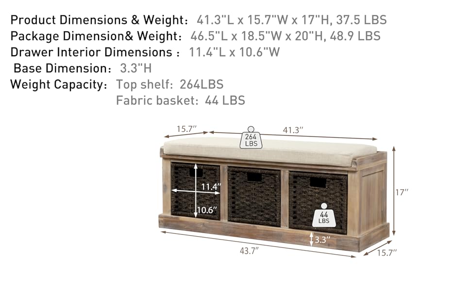 Knocbel Entryway Storage Bench with 3 Woven Baskets and
