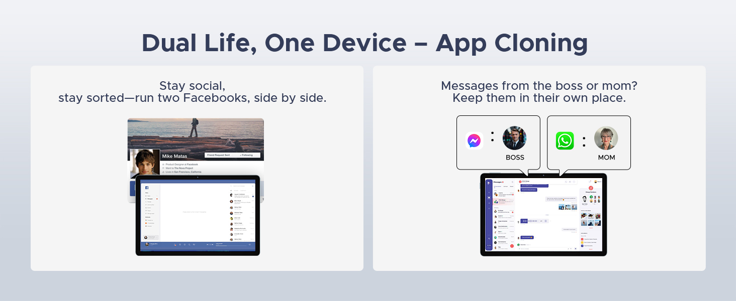 Text reads 'Dual Life, One Device - App Cloning'. Screenshots of mobile application interface showing cloning functionality with messaging apps.