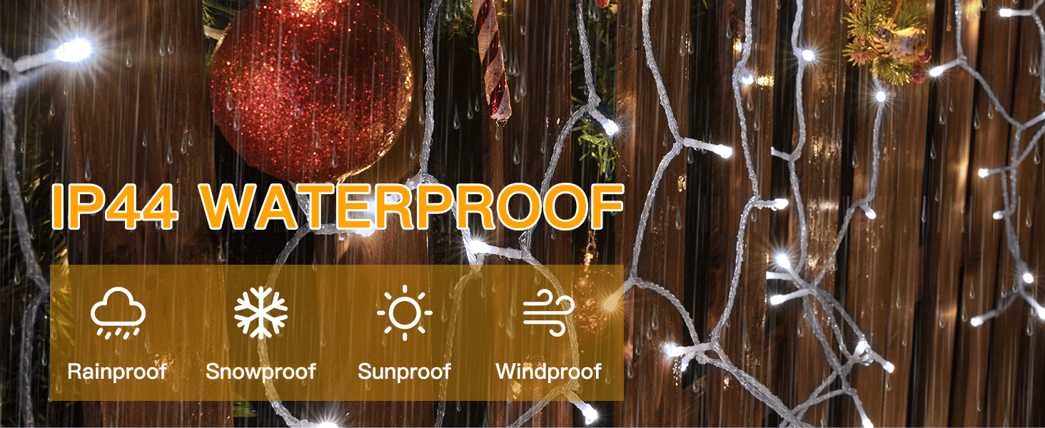 Hanging string lights in a rainy outdoor setting. Text 'IP44 WATERPROOF' with icons indicating rainproof, snowproof, sunproof, and windproof features.