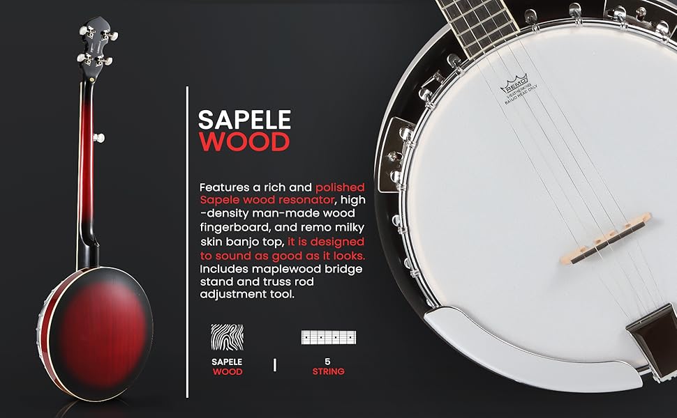 PYLE, 5 String Resonator Banjo Full Size 24 Bracket, Geared 5th Tuner