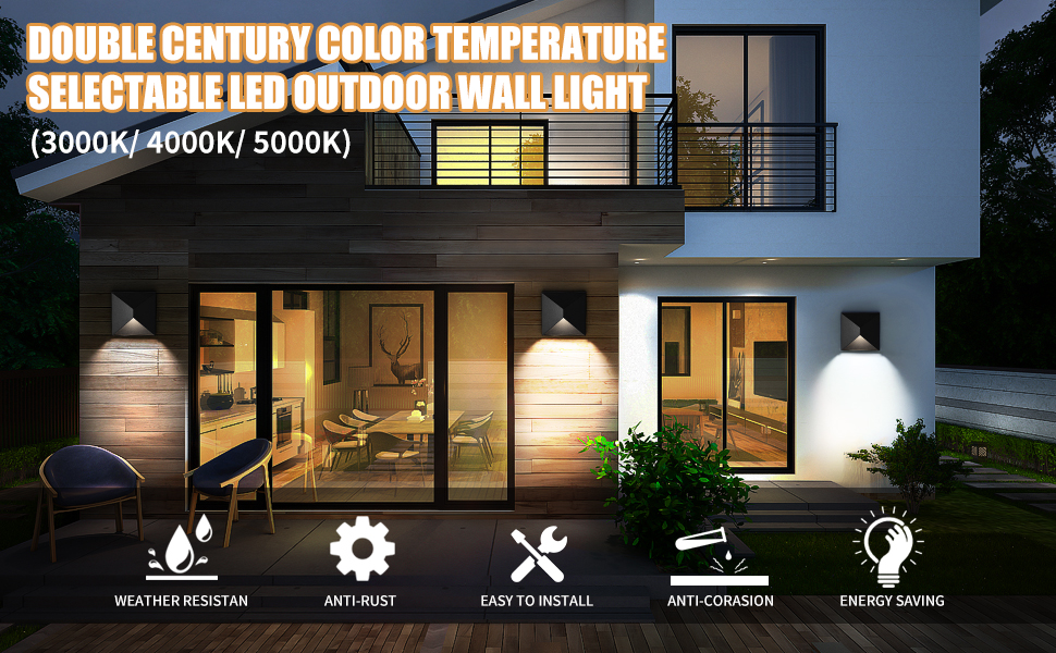 Double century LED Outdoor Wall Light, 3 Color Changing Outdoor Wall Sconce, Waterproof 8W Porch