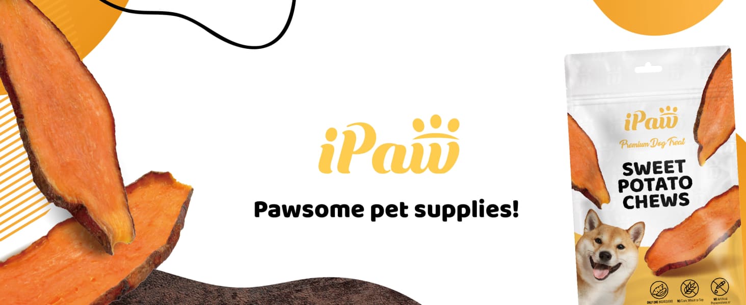 Verpackung für Hundeleckerlis für iPaw Sweet Potato Chews. Mit orangefarbenen Hundeohren, Markenlogo und Produkttasche mit Shiba Inu-Hundemotiv. Der Text lautet „Pawsome Pet Supplies!“