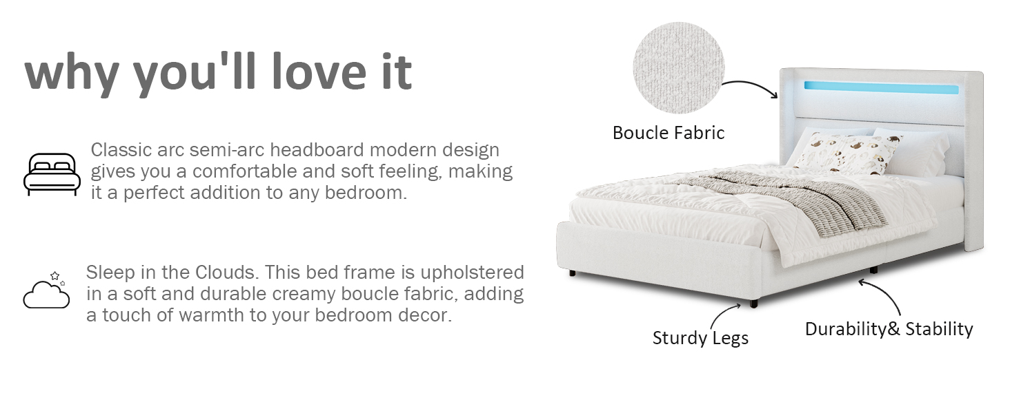 HOMBCK Twin Size Bed Frame for Kids, Boucle Upholstered