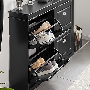 SoBuy FSR79-SCH Schuhschrank Mit 4 Klappen Schuhregal Schuhkipper Mit 8 Ablageflächen Schuhkommode Schuhablage Schwarz BHT Ca.: 105x82x24cm 14 1