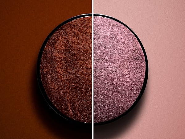 Split image showing circular metallic surface in two lighting conditions - left side darker brown, right side lighter pink metallic finish.
