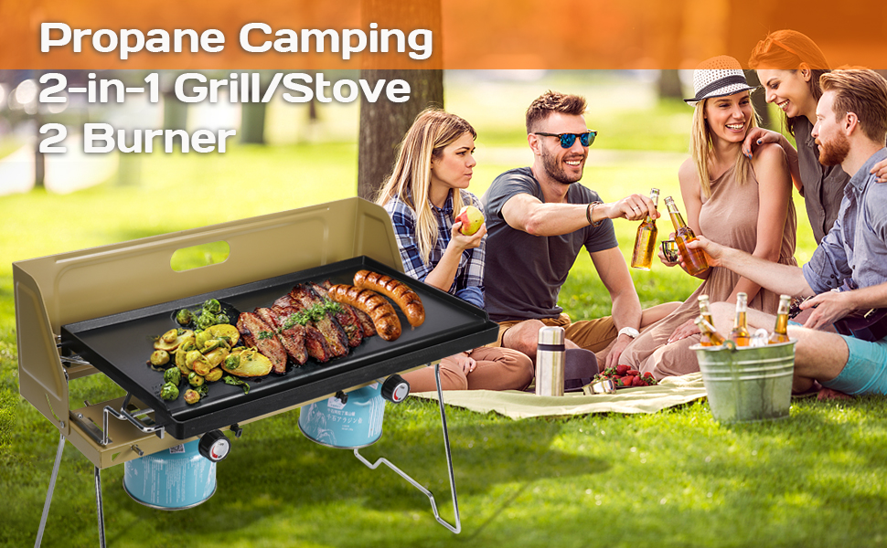 KALAWW CarCamp Stove Folding 2 Burner Propane Camping Stove & Grill Griddle,Outdoor