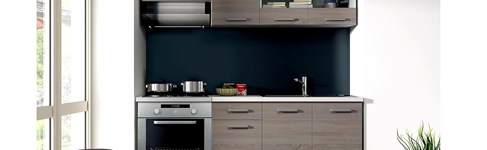 Modern compact kitchen with gray cabinets, black backsplash, stainless steel oven, and window. Includes countertop, upper shelving, and potted plant.