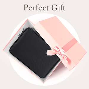 Black rectangular wallet or clutch next to pink gift box with bow. Text 'Perfect Gift' above. Items positioned on white circular background.