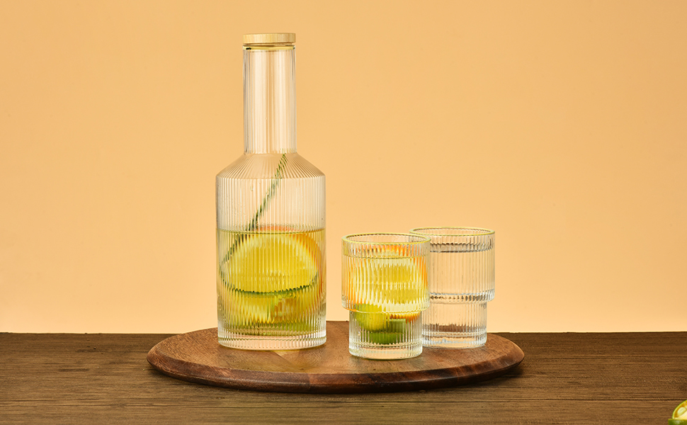 ALINK Glass Bedside Water Carafe with Lid and Glass Cups