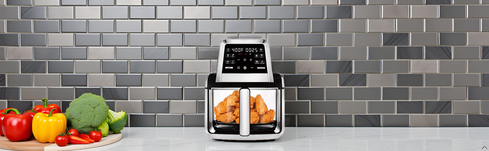 A sleek, modern kitchen counter with the product sitting on it, surrounded by fresh ingredients like