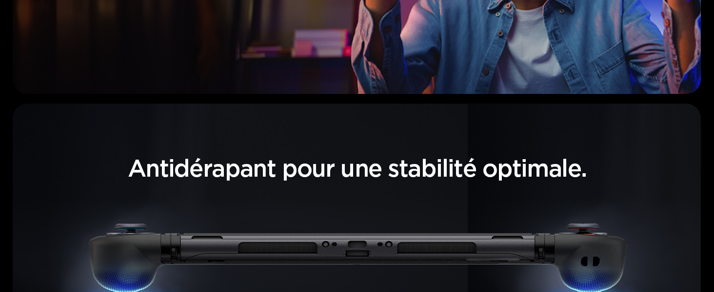 Appareil de jeu portable noir avec joysticks lumineux. Le texte en français indique qu'il possède des caractéristiques antidérapantes pour une stabilité optimale