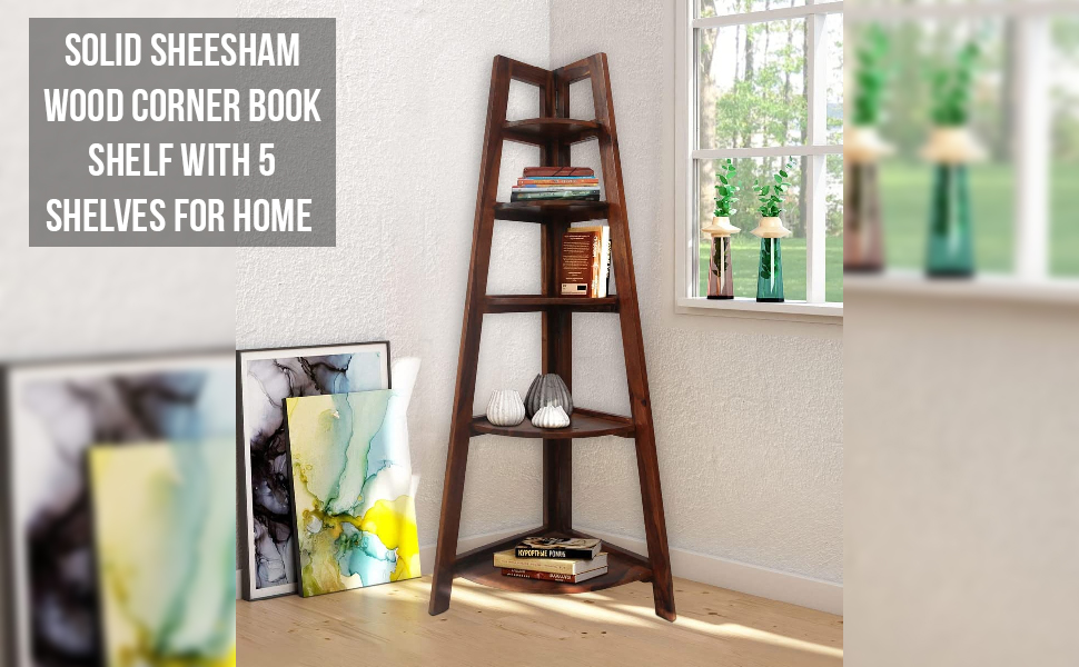 STRATA FURNITURE Solid Sheesham Wood 5 Tier Ladder Corner Shelf for