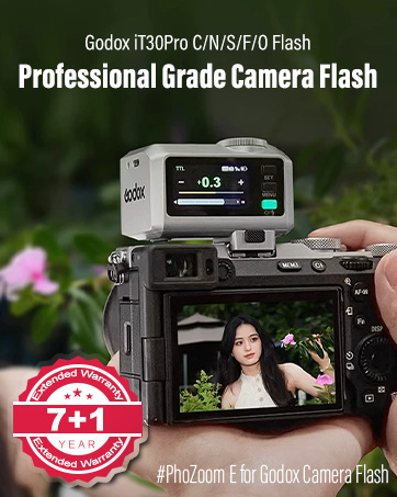Text reads 'Godox TT30Pro G/N/S/F/O Flash' and 'Professional Grade Camera Flash' with '7+1' rating badge. Digital camera display showing flash photography example.