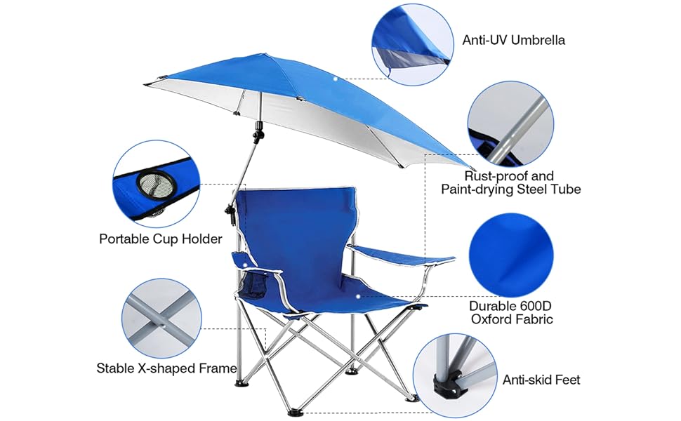 TeqHome Beach Chair with Umbrella, Folding Beach Chairs for