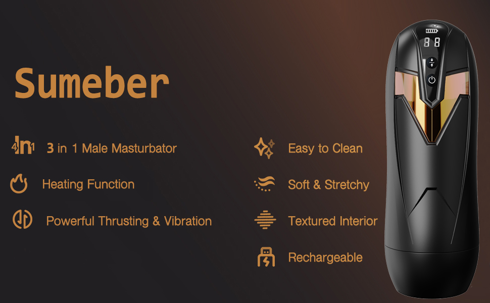 Black electronic device with gold accents. Text lists features including 3-in-1 function, heating, vibration, and rechargeable battery.