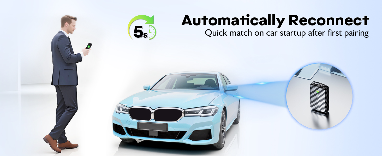 Text reads 'Automatically Reconnect'. Sequence showing business person and car with blue digital overlay effects suggesting wireless connectivity.