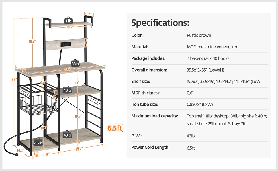 Yaheetech Bakers Rack with Power Outlet, 4Tier Microwave