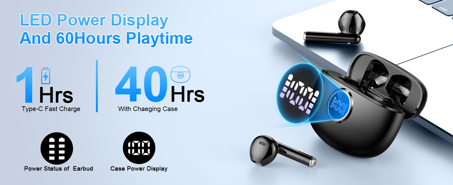 Text reads 'LED Power Display And earbuds Playtime' '1 Hrs' '40 Hrs'. Wireless earbuds specification diagram showing battery life indicators.