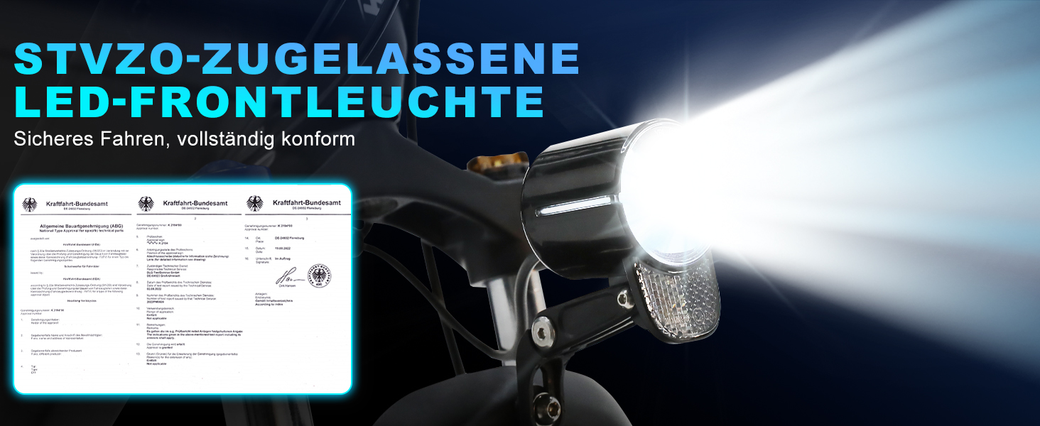 Der Text lautet „STVZO-ZUGELASSENE“ und „LED-FRONTLEUCHTE“. Produktdemonstration mit hellem Lichtstrahl vor dunklem Hintergrund.