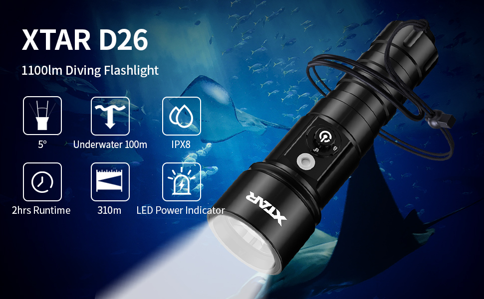 XTAR D26 1100 Lumen Scuba Diving Flashlight Dive Torch with