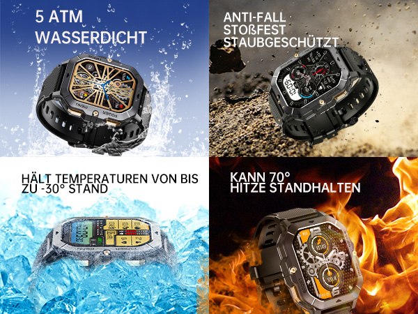 Werbung für robuste Uhren mit Wasserdichtigkeit bis 5 ATM, Fallschutz und Temperaturbeständigkeit von -30 °C bis 70 °C. Zeigt die Uhr