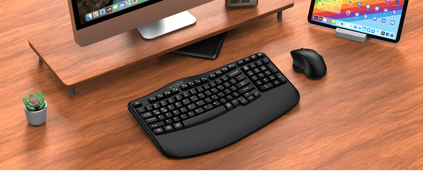 Wireless Keyboard and Mouse Combo Wave Keys Ergonomic Keyboard Wrist Rest Advanced Ergonomic Mouse