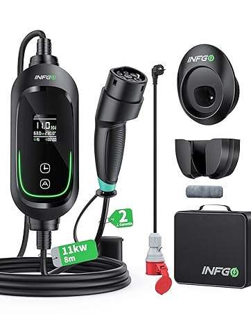 para vehículos eléctricos con unidad principal, pantalla, cables de carga, accesorios y funda de transporte. Cuenta con una potencia máxima de 11 kW y múltiples conectores
