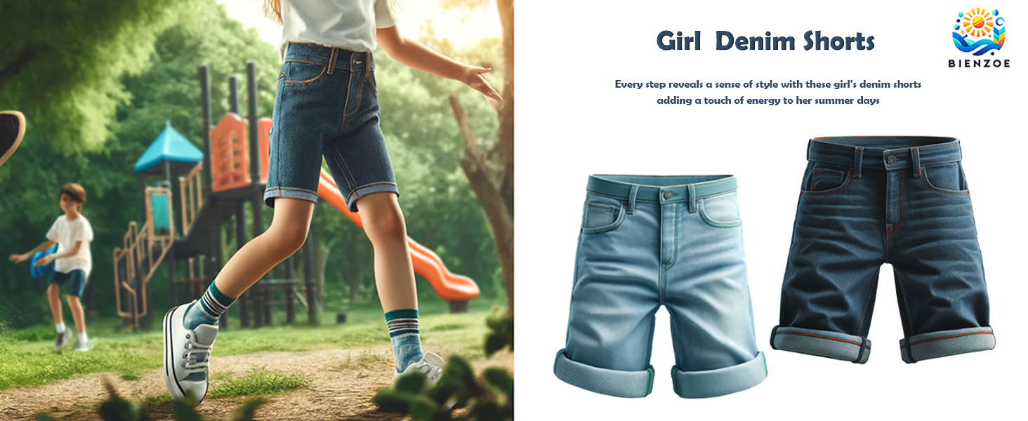 Bienzoe Girl's Adjustable Waist Cotton Stretchy Denim Shorts