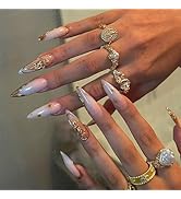 IMRAIN Long Press on Nails Stiletto Nude Blue Gradient Fake Nails 3D Golden Edge French Nail Tips...