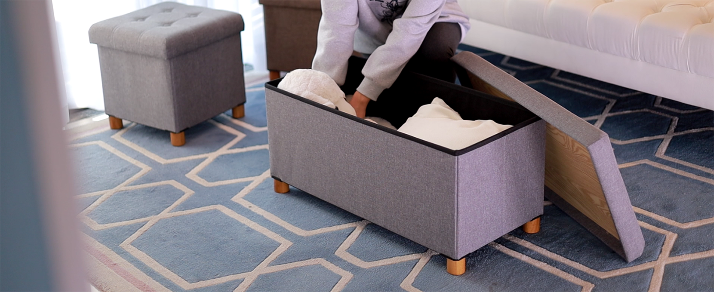Bonlife Footstool for Living Room,Grey Ottoman Storage Box with Tray