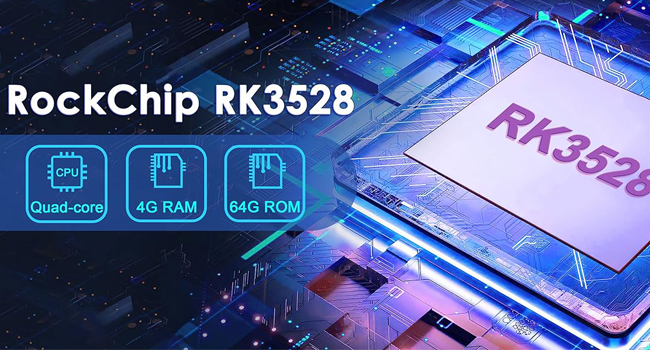 Text reads 'RockChip RK3528'. Technical product image showing computer chip or processor with technical specifications icons.