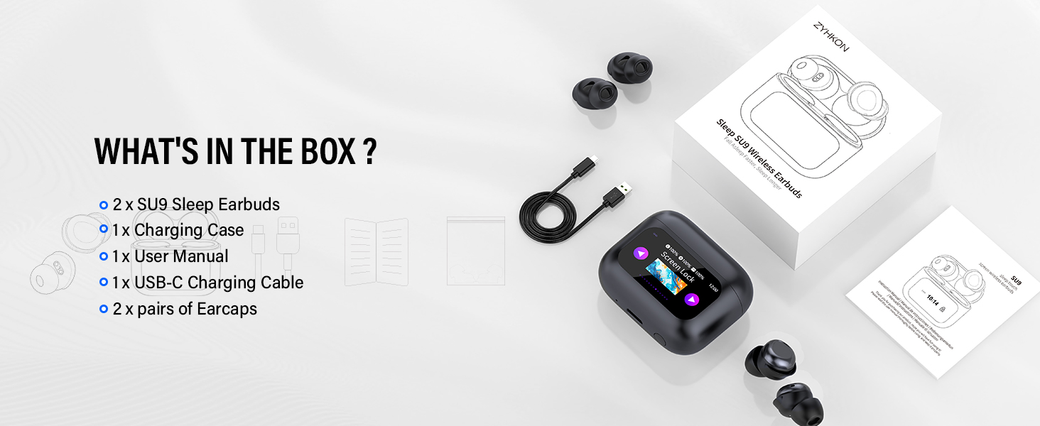 Text reads 'WHAT'S IN THE BOX?' Product layout showing smartwatch components including device, charging accessories, and packaging materials on white background.