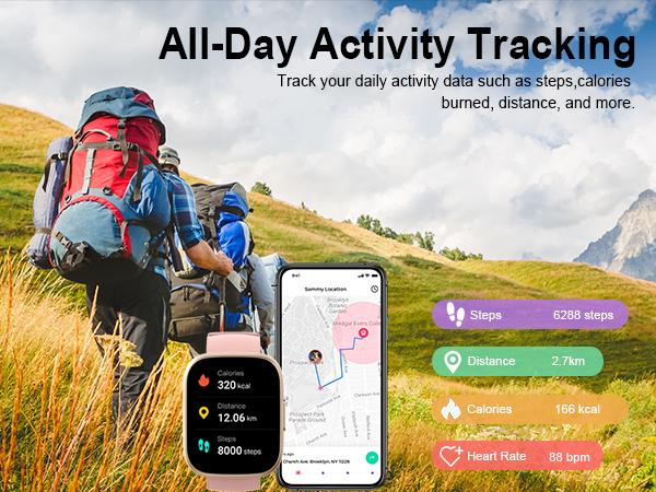 Smartwatch and smartphone displaying fitness tracking data, including steps, distance, calories, and heart rate. Background shows hikers in mountainous terrain.
