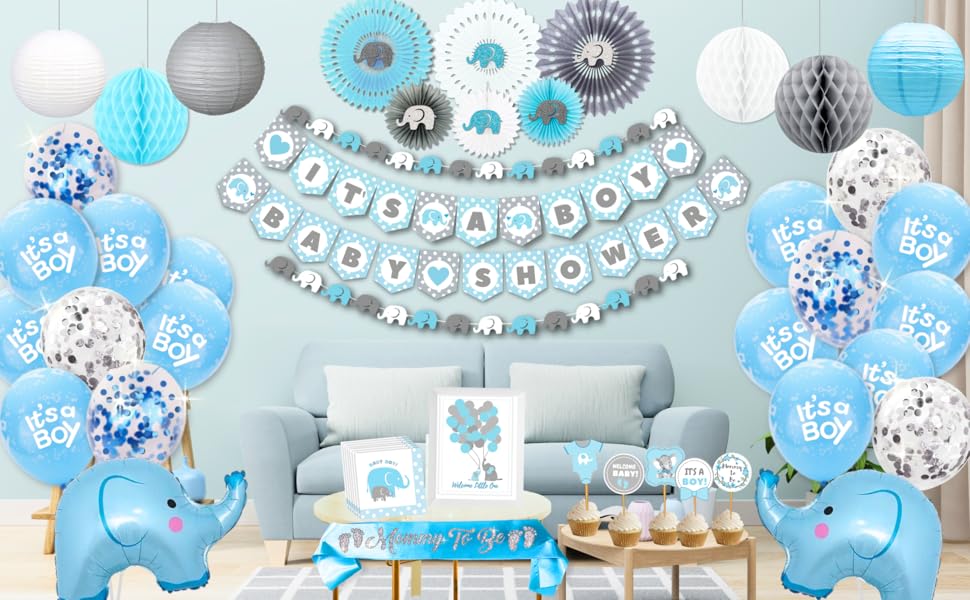 baby shower decorations for boy elephant balloons it's a boy banner paper pom poms fans hanging