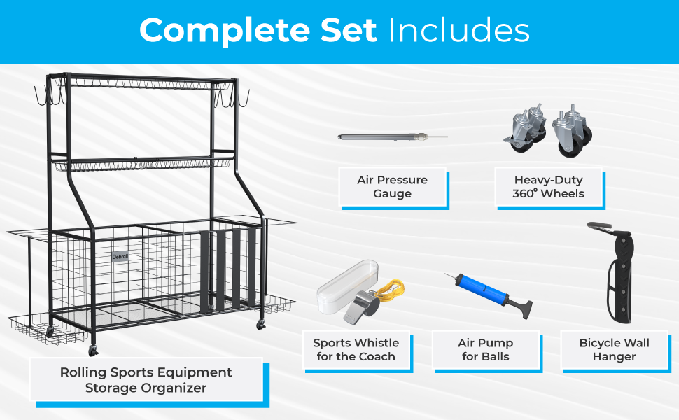 sports equipment storage organizer cart rolling hooks basket bicycle rack balls accessories rackets