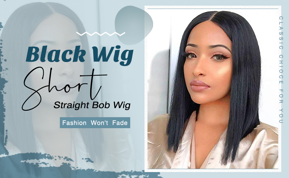 Quick Wig Short Straight Bob Wigs Black Short Wig Middle Part Synthetic