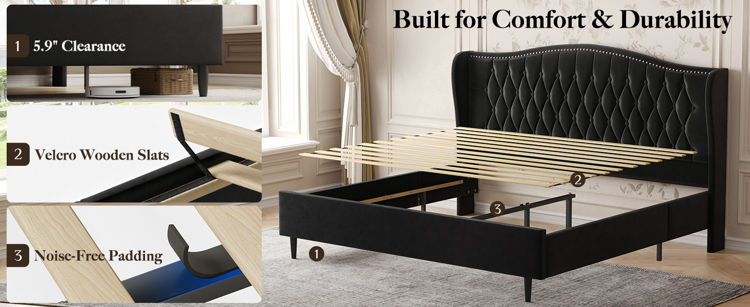 king size velvet upholstered bed frame with headbroad