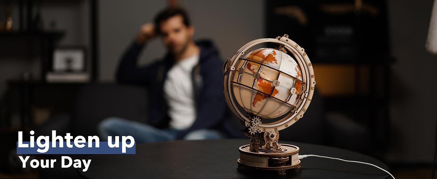 ROBOTIME 3D Puzzle Wooden Luminous Globe, Model Kits for Adult to Build