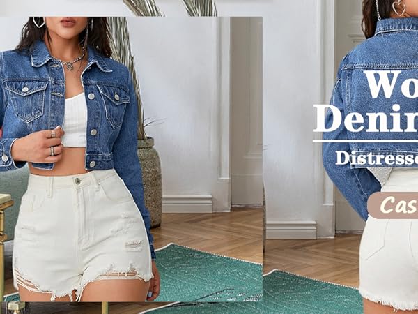 Women's Denim Jackets Cropped Jean Jacket Long Sleeve Casual