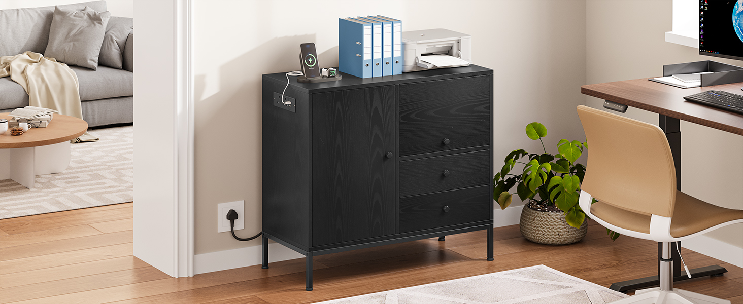 YITAHOME 3-Drawer Sideboard with Power Outlets, Storage Cabinet, Cupboard, Wooden Lateral File Cabinet, Printer Stand for Home Office, Black, 80x40x90 cm 10 Storage Cabinet