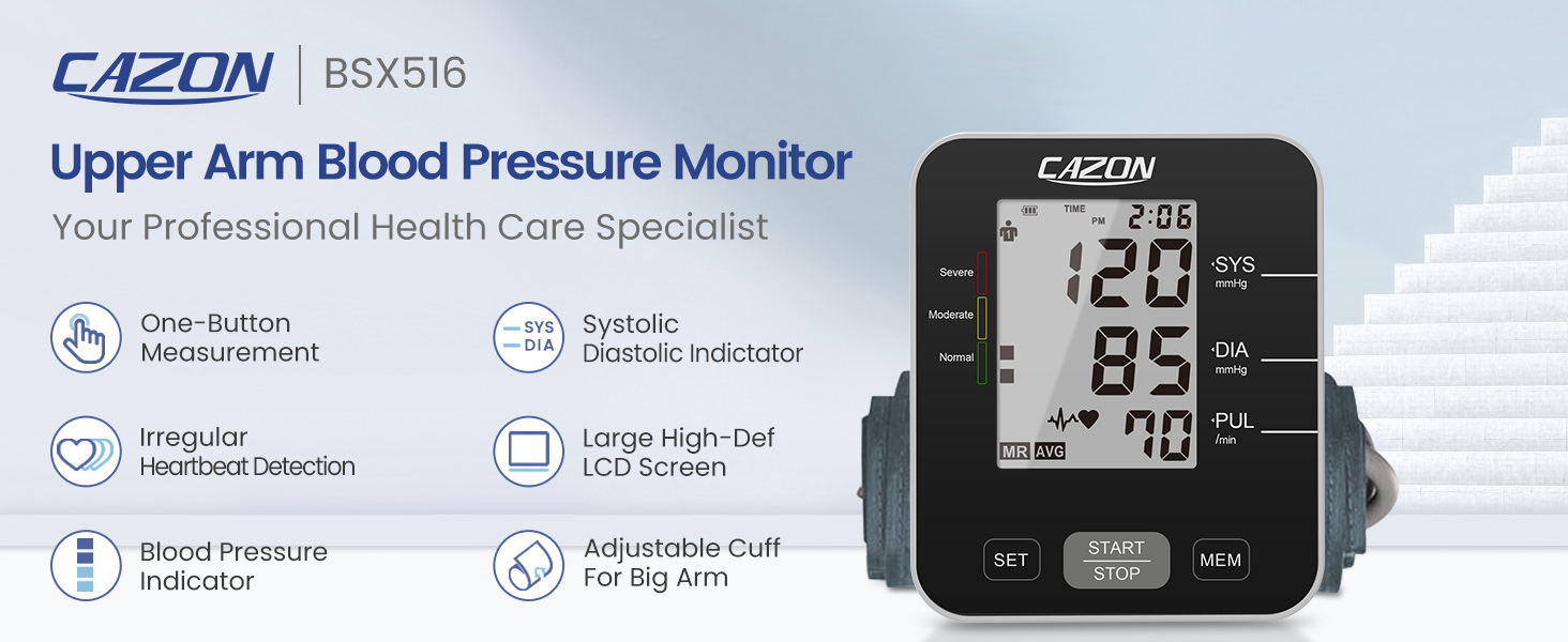 Digital upper arm blood pressure monitor with large LCD display. Features one-button measurement, irregular heartbeat detection, and systolic/diastolic pressure indicators.