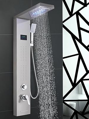 SUGUWORD LED Shower Tower Panel System 304 Stainless Steel 5 Function With Rainfall Waterfall Shower Head Massage Jets Hand Shower And Tub Spout Shower System Brushed Nickel 10 B09B997P9P