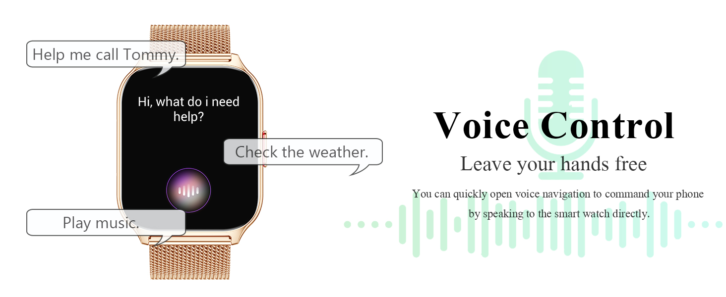 Smartwatch interface displaying voice control feature, with speech-to-text bubbles and 'Voice Control' text. Audio waveform graphic suggests hands-free operation.